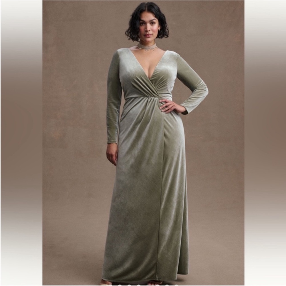 Anthropologie Jenny Yoo Ryland V-neck Long Slv Sage Open Back Velvet Gown, Sz 20 - Picture 1 of 5
